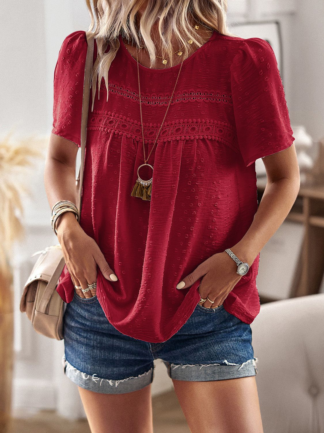 Lace Detail Round Neck Short Sleeve Blouse