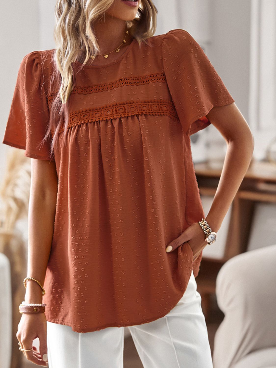 Lace Detail Round Neck Short Sleeve Blouse